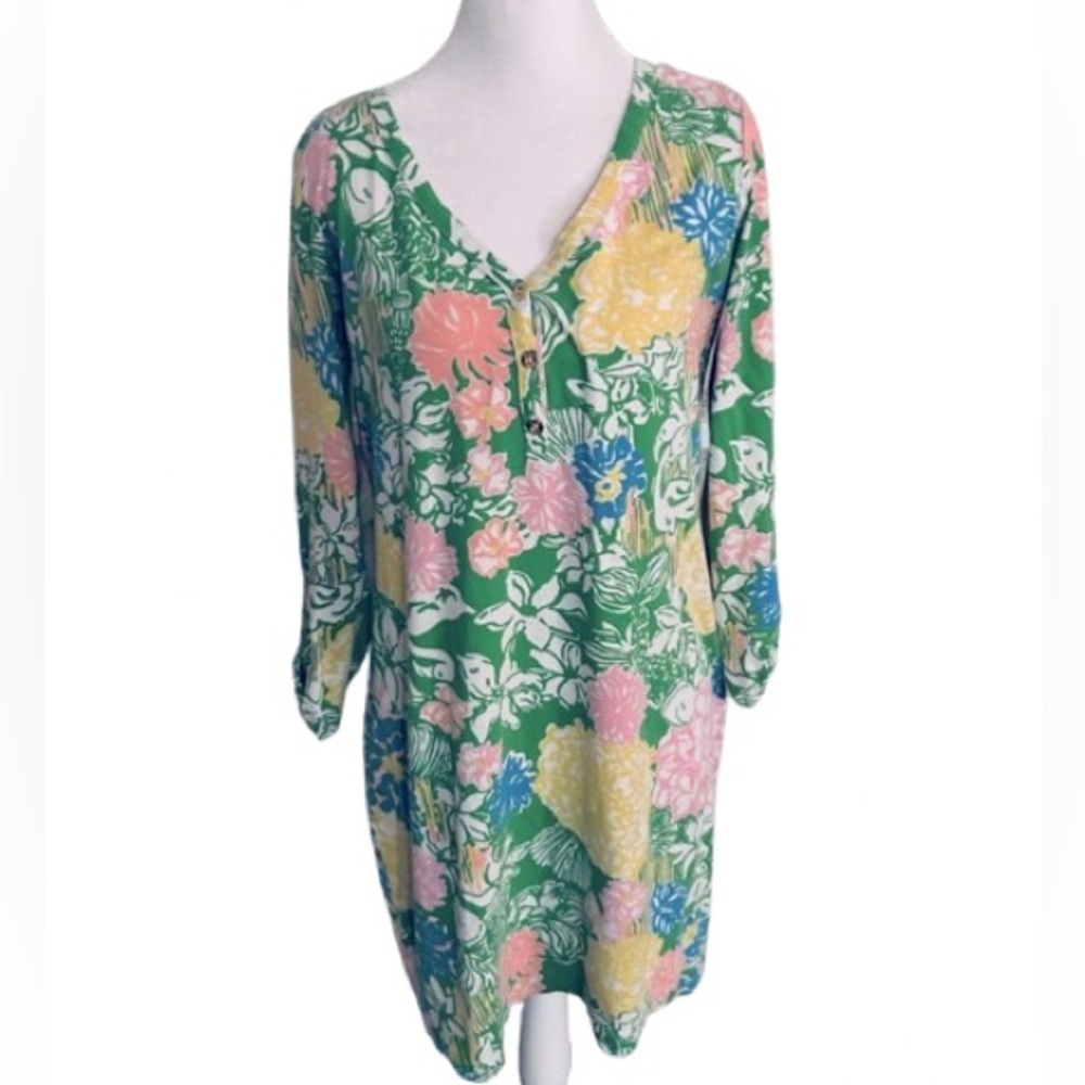 Lilly Pulitzer Hibiscus Stroll Cotton Med Green Floral Dress Pink Boho Designer